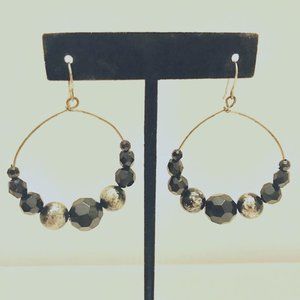 Round Wire Hoop Black Silver Stones Earrings